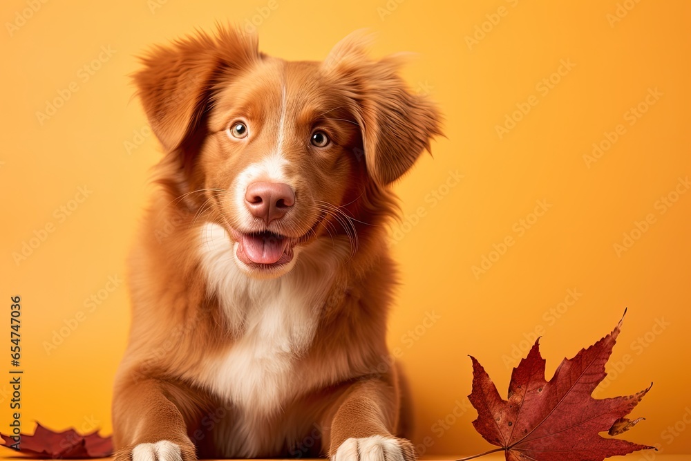 Nova scotia duck tolling retriever dog holding a leaf in its mouth on an orange background