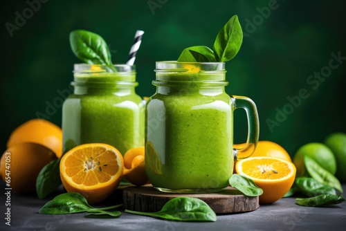 Nutritious green smoothie with spinach mango citrus fruits in glass jars