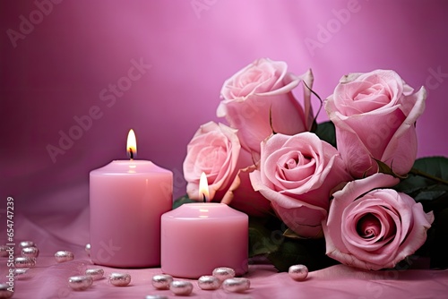 Pink flowers and lit candle against a pink backdrop