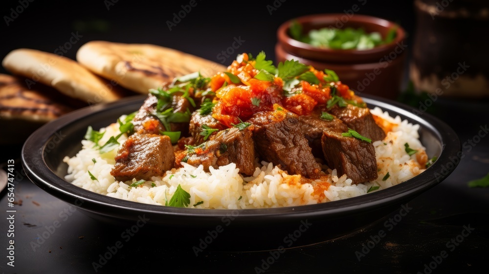 Arabic cuisine, Egyptian oriental Fettah with white rice and crispy bread topped with seasoned garlic red sauce,crispy fried garlic and veal chunks on rustic dark background. - obrazy, fototapety, plakaty 