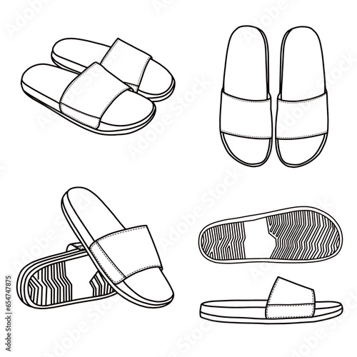 Technical sketch drawing of Slippers line art, top, side, bottom and isometric view, flat sketch vector, isolated on white background, suitable for your slippers, editable color