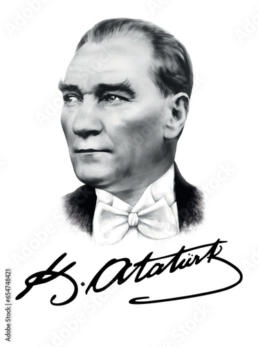 Mustafa Kemal Atatürk portrait and signature vector design (1881-1938), founder and first president of the Republic of Turkey