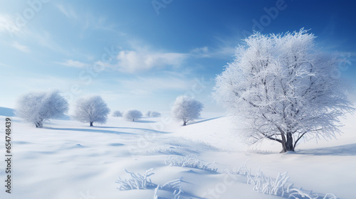 a snow covered field with trees, © alex