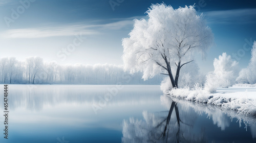 frost covered winter trees on a lake