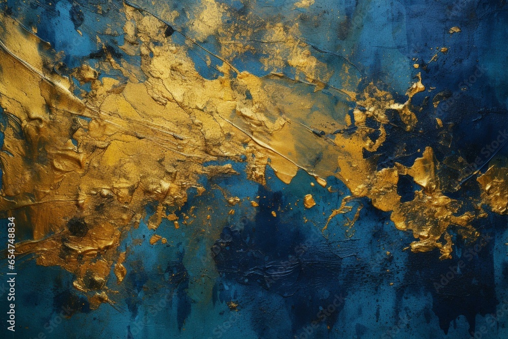 an abstract art grunge paint background with deep blue and gold splash texture in a concept of grunge, luxury, and retro. Generative AI an abstract art grunge paint background with deep blue and gold splash texture in a concept of grunge, luxury, and retro. Generative AI