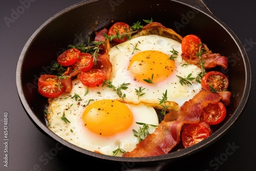Savory fried egg with tomato thyme and bacon in a pan