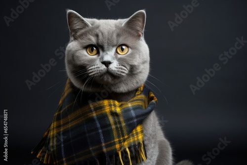 Scottish Straight cat holding a banner on a gray background portrayed