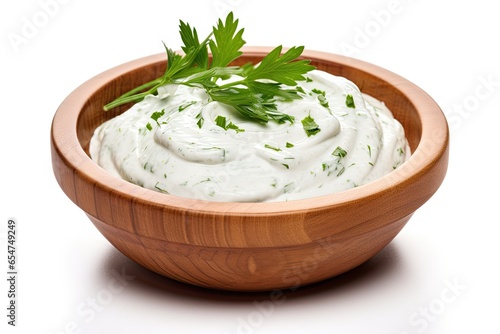 Sour cream and various ingredients in a wooden bowl accompanied by mayonnaise and yogurt isolated on a white background with full depth of field