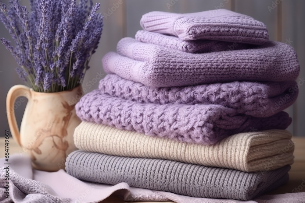 Stack of warm knitted clothes with lavender for autumn and winter seasons