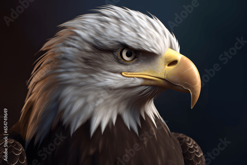 Close-up photo of a bald eagle, against a black background.