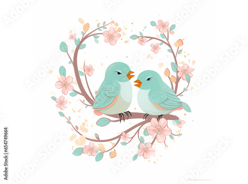 illustration with blue, love birds on a branch with flowers. Ideal for wallpaper, background © Olga