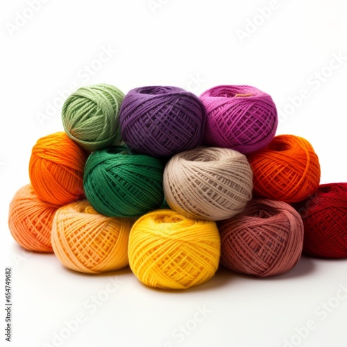 Textured Fiber Palette: Colorful Knitting Yarn Skeins on White Background