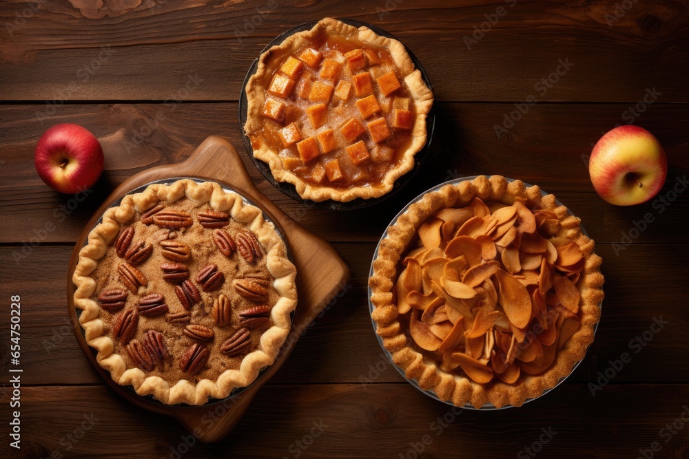 Three pies for Thanksgiving feast Pecan Apple and Pumpkin in horizontal format on wooden table seen from above