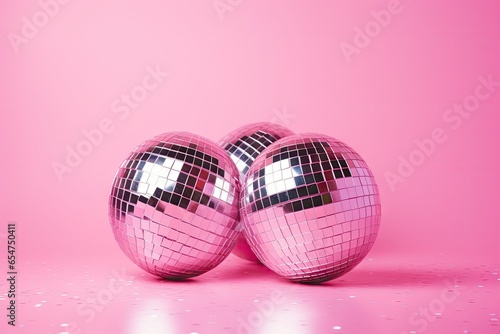 Toned disco balls on pink background Modern postcard with text space Color matches 2023