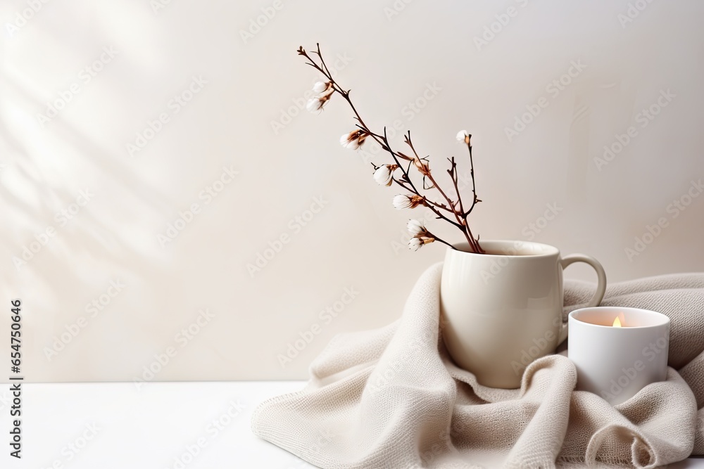 Top view of a cozy beige cashmere scarf on a light gray background with a cup of coffee and a cotton sprig Autumn winter concept - obrazy, fototapety, plakaty 