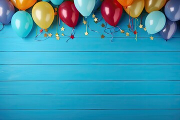 Top view of a flat lay style banner with vibrant balloons on a blue wooden background suitable for parties or birthdays