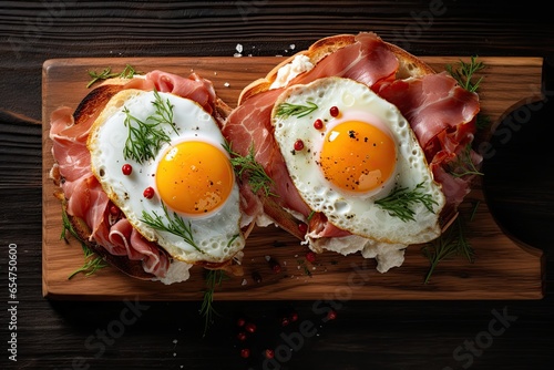 Top view close up of an open sandwich with ham and fried eggs on a wooden board photo