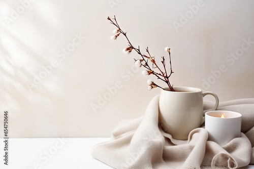 Top view of a cozy beige cashmere scarf on a light gray background with a cup of coffee and a cotton sprig Autumn winter concept photo