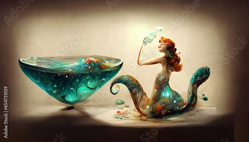 raytrace glass water 1940s styled clay mermaid underneath whimsical feeling fantasy magical photorealism hyperdetailed  photo