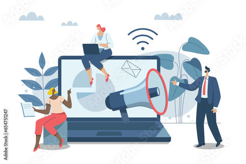 Promoting communication with customers, Sending important messages, Marketing activities with social media campaigns, Business marketing media. Advertising teams, or announcements with a megaphone.