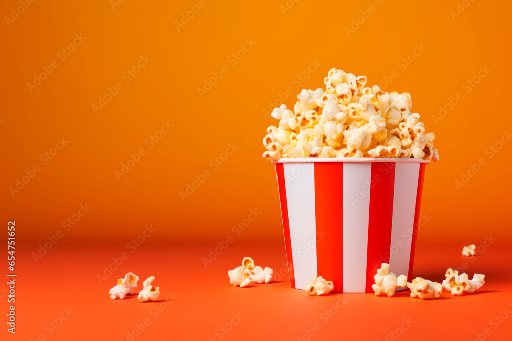 Popcorn in a paper bucket on an orange background 