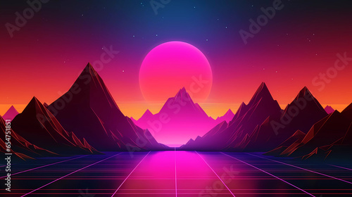 Futuristic retro vaporwave background with Sun set behin mountain.Cyberpunk vector illustration. 80s Retro Sci-Fi Background. photo