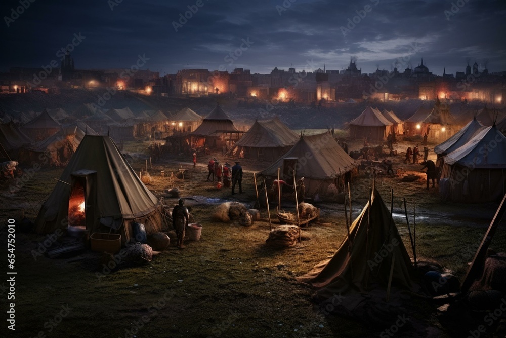 War camp with tents, fortifications, castle encampment for battle preparation in medieval times. Generative AI - obrazy, fototapety, plakaty 