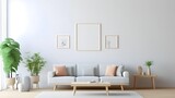 living room mockup blank white wooden picture frames