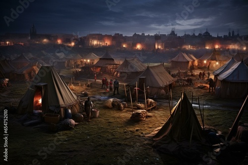 War camp with tents, fortifications, castle encampment for battle preparation in medieval times. Generative AI photo