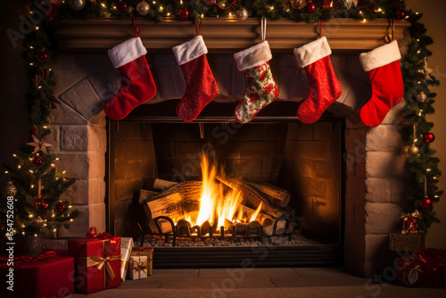 Santa Stocking Hanging over fire place green garland gift box photo