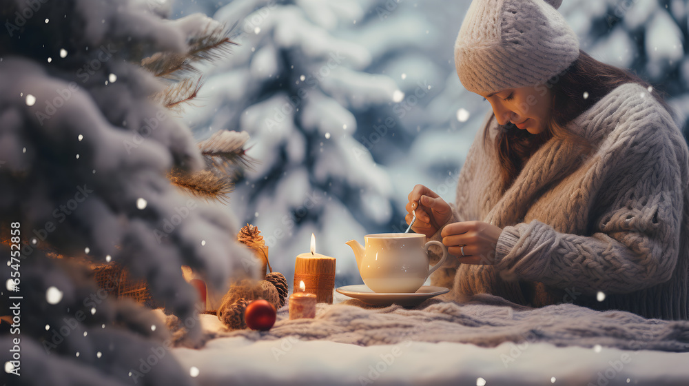 Woman knitting a wool scarf on Christmas night. Woman knitting a wool scarf on Christmas night.