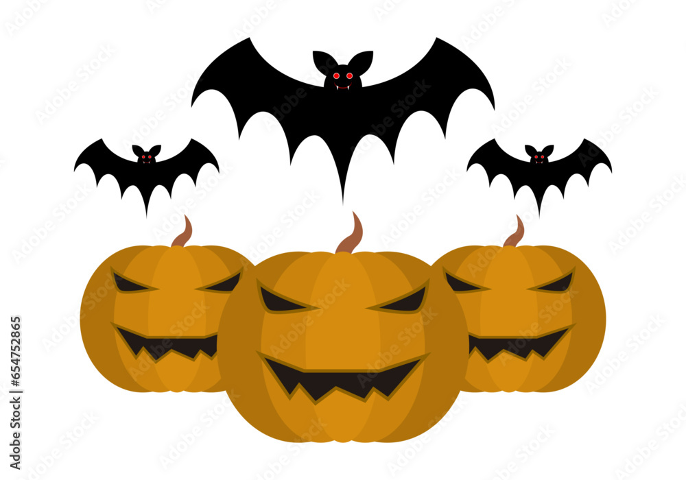 Tres calabazas y tres murciélagos de halloween.
