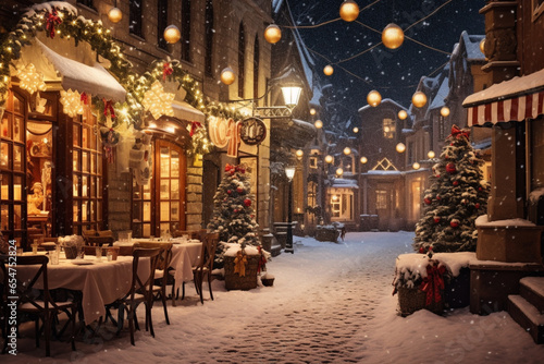 Christmas Lights Night Street Town Snowing photo