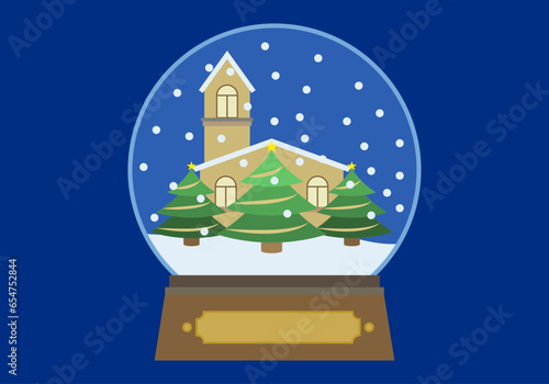 Bola de cristal de navidad con pueblo y pinos nevados