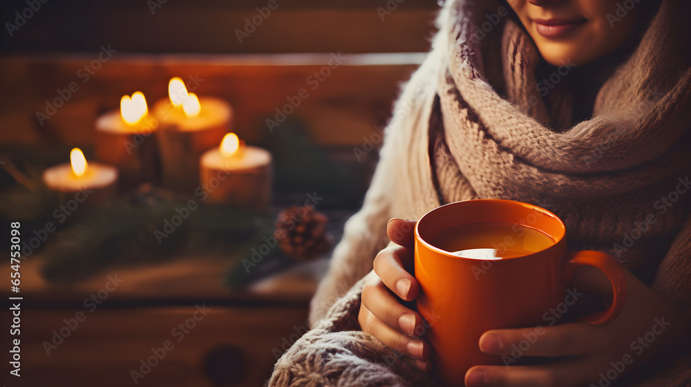 Woman relaxing on a Christmas night with a coffee mug in her hand.