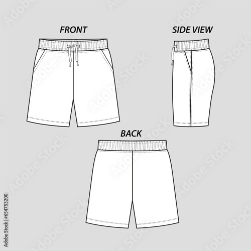 Shorts basic Regular drawstring waistband gathering side pocket detail fashion flat sketch technical drawing template design vector