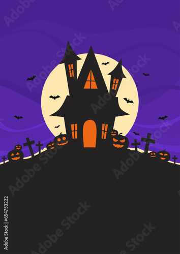 a4 template poster of halloween with haunted house and full moon behind it with some scary pumpkins and flying bats