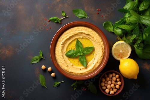 Top view of hummus in a ceramic bowl with olive oil cumin lemons basil and chickpeas on a brown background