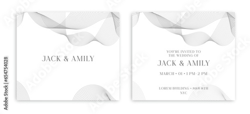 Luxury wedding invitation card background with grey line art. Abstract art background vector design for wedding and vip cover template. Abstract horizontal glow wavy stripes on white background.