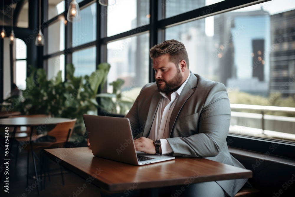 plus size manager using laptop computer on the go