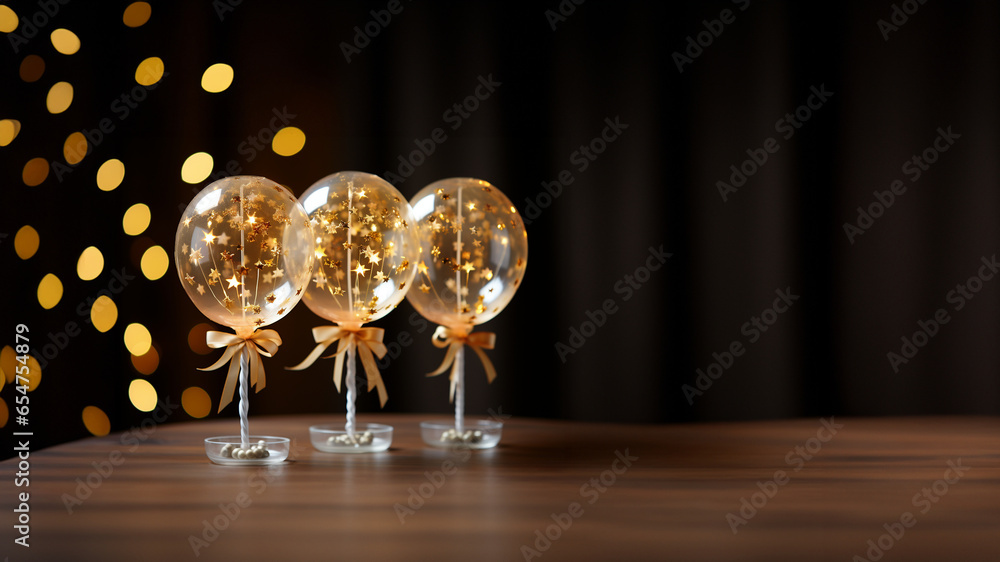 Goldene Luftballons zu Weihnachten Jubiläum und Geburtstag im schönen Gold Bokeh dekoriert Querformat für Banner  - obrazy, fototapety, plakaty 