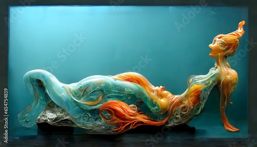 raytrace glass water with clay mermaid underneath scuplture whimsical feeling fantasy magical photorealism hyperdetailed  photo