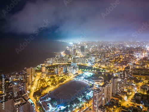 Night aerial image of the Barranco region, Lima. Peru. Homes, businesses and nightlife in 2023. photo