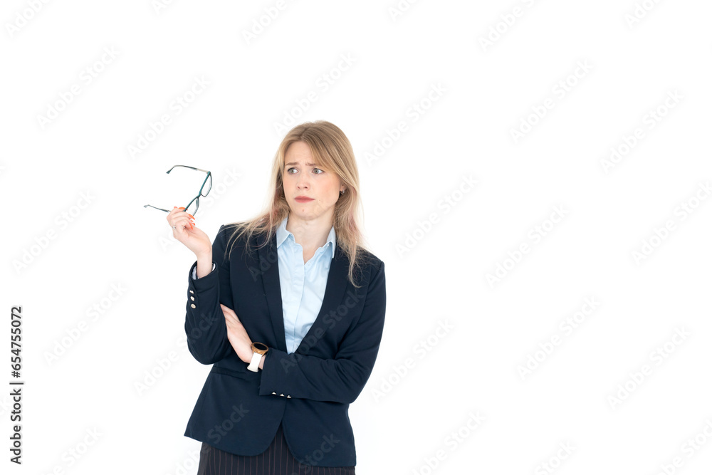 Close up portrait of upset and confused business woman isolated on white background Close up portrait of upset and confused business woman isolated on white background