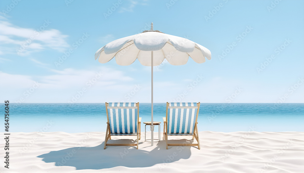 Wooden beach bench under parasol umbrella on tropical island beach. generative ai