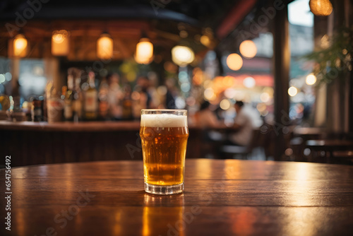 a glass of beer on the table with Bokeh background on the evening pub