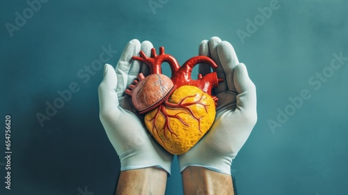 Heart surgeon holding realistic diseased heart, Cardiovascular coronary artery disease awareness, Heart health Cardiologist concept photo