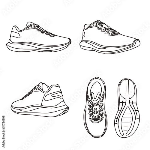 Technical sketch drawing of sneakers running shoes, top, side, rear, bottom and isometric view, flat sketch vector, isolated on white background, suitable for your sneakers, editable color