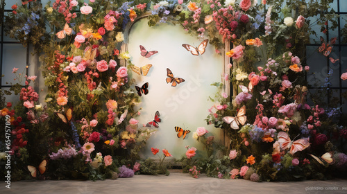 Flower Garden Photo Booth with Blooming Blower Wall and Flower Crown, Butterfly Wings