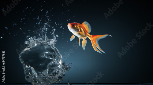 A goldfish jumping out of an aquarium